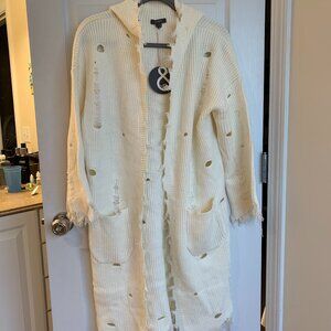 And Merci M/L Cream colored distressed hooded sweater duster NWT